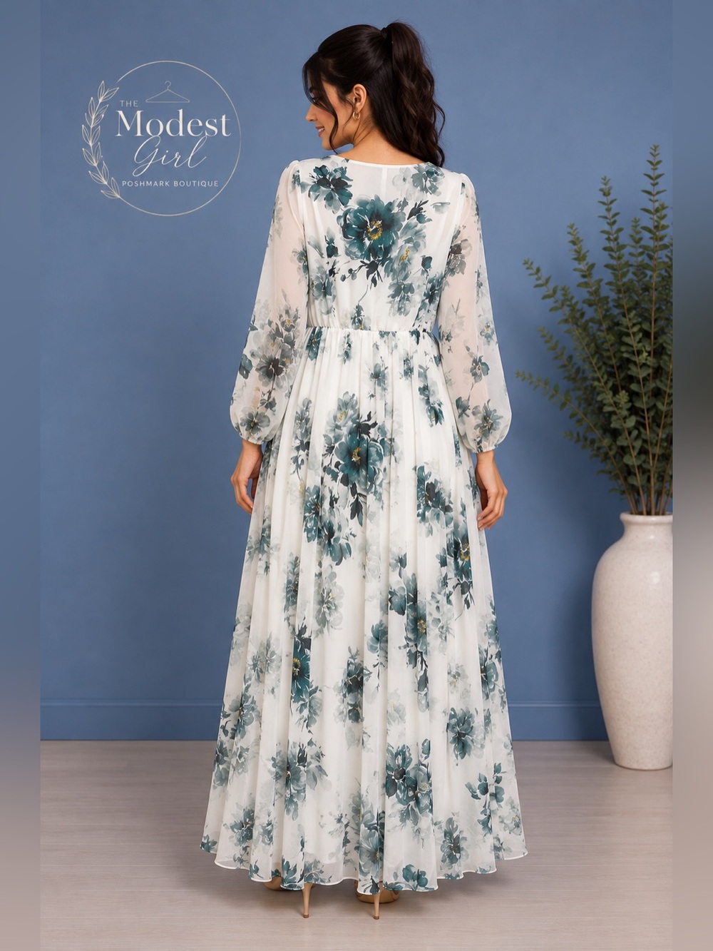 White Maxi Dress with Teal Floral Print - Picture 2 of 5